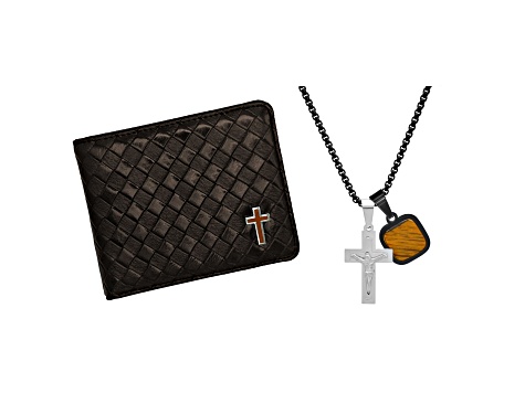 Braided Brown Leather Cross Wallet and Cross Pendant Set - 10VPBA | JTV