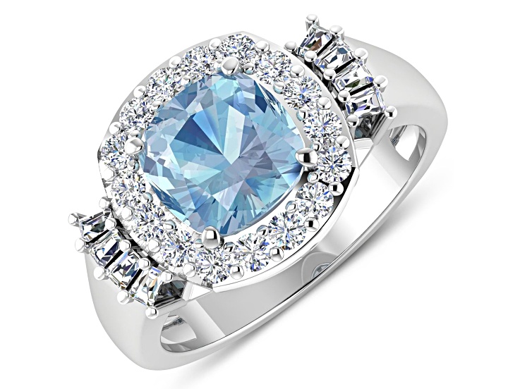 2.21ctw Blue Aquamarine and Diamond 14K White Gold Halo Ring