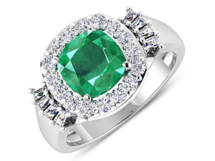 2.8ctw Green Emerald and Diamond 14K White Gold Halo Ring