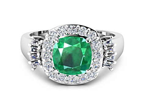 2.8ctw Green Emerald and Diamond 14K White Gold Halo Ring