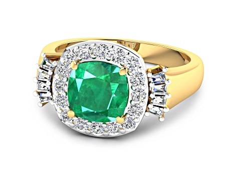2.8ctw Green Emerald and Diamond 14K Yellow Gold Halo Ring