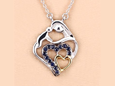 Blue Sapphire Rhodium Over Sterling Silver Mom Heart Necklace