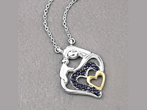 Blue Sapphire Rhodium Over Sterling Silver Mom Heart Necklace