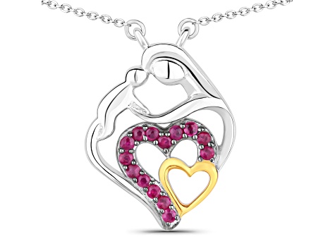 Ruby Rhodium Over Sterling Silver Mom Heart Necklace