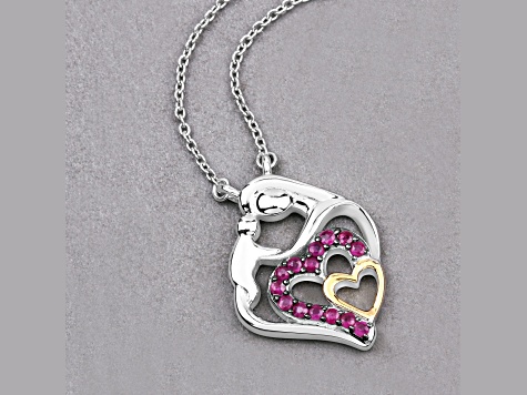 Ruby Rhodium Over Sterling Silver Mom Heart Necklace