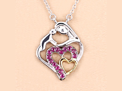 Ruby Rhodium Over Sterling Silver Mom Heart Necklace