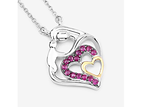Ruby Rhodium Over Sterling Silver Mom Heart Necklace
