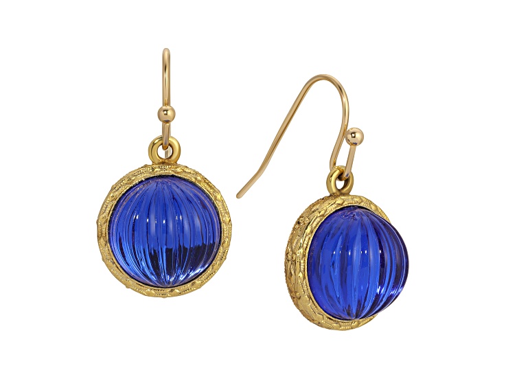14K Gold Dipped Round Blue Ribbed Stone Earrings