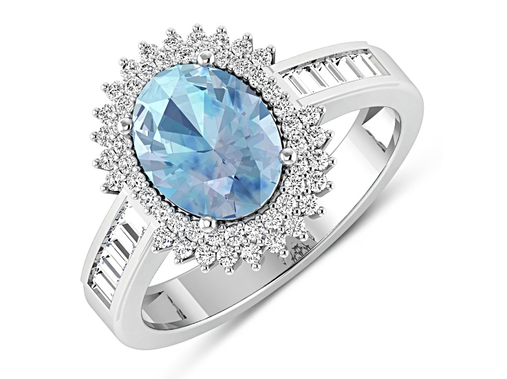14K White Gold Blue Aquamarine and White Diamond Oval Halo Ring 1.8ctw