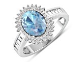 14K White Gold Blue Aquamarine and White Diamond Oval Halo Ring 1.8ctw