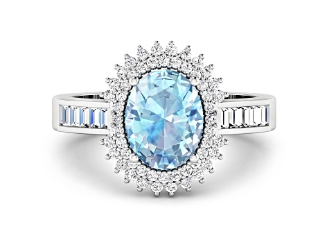14K White Gold Blue Aquamarine and White Diamond Oval Halo Ring 1.8ctw