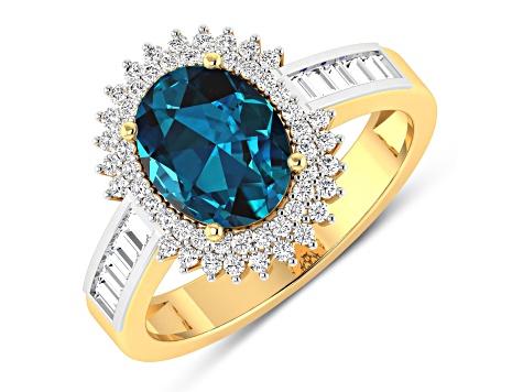 14K Yellow Gold London Blue Topaz and White Diamond Oval Halo Ring 2.42ctw
