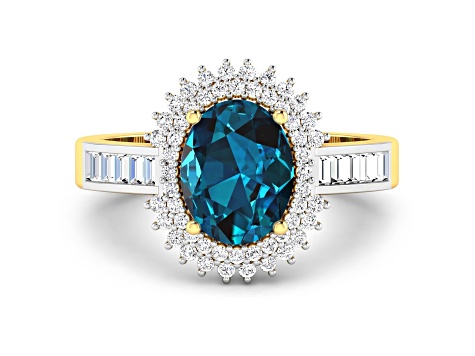 14K Yellow Gold London Blue Topaz and White Diamond Oval Halo Ring 2.42ctw