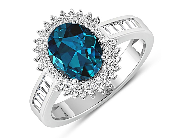 14K White Gold London Blue Topaz and White Diamond Oval Halo Ring 2.42ctw