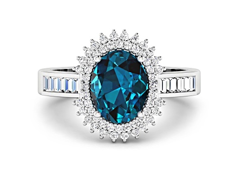 14K White Gold London Blue Topaz and White Diamond Oval Halo Ring 2.42ctw
