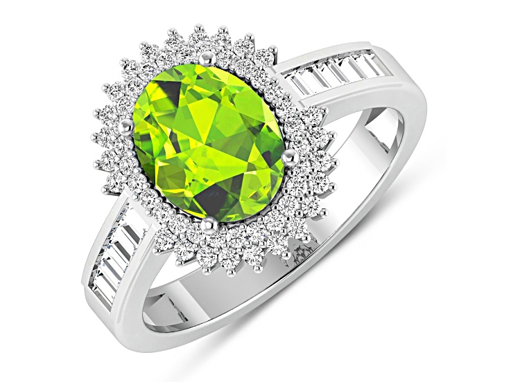 14K White Gold Green Peridot and White Diamond Oval Halo Ring 2.12ctw