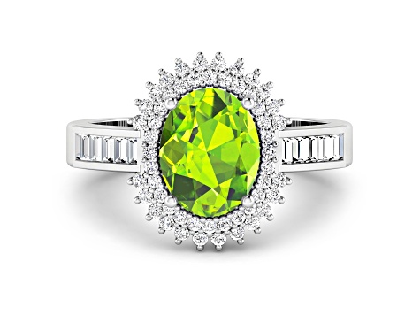 14K White Gold Green Peridot and White Diamond Oval Halo Ring 2.12ctw