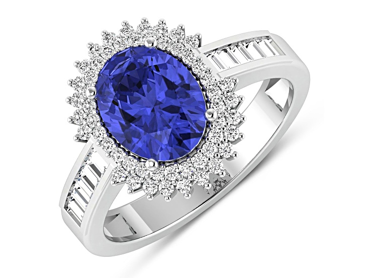 14K White Gold Violet Tanzanite and White Diamond Oval Halo Ring 1.93ctw