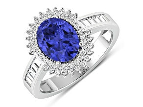 14K White Gold Violet Tanzanite and White Diamond Oval Halo Ring 1.93ctw