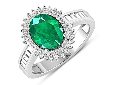14K White Gold Green Emerald and White Diamond Oval Halo Ring 2.05ctw