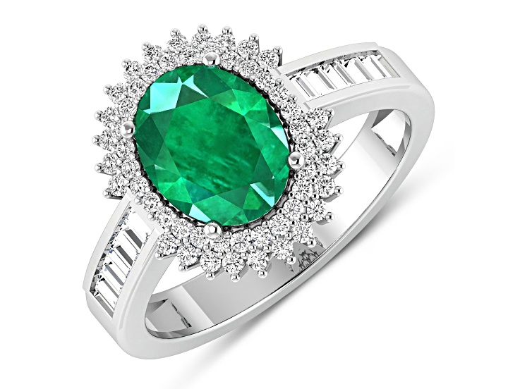 14K White Gold Green Emerald and White Diamond Oval Halo Ring 2.05ctw