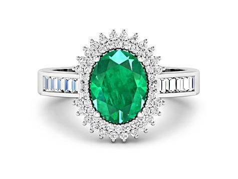 14K White Gold Green Emerald and White Diamond Oval Halo Ring 2.05ctw