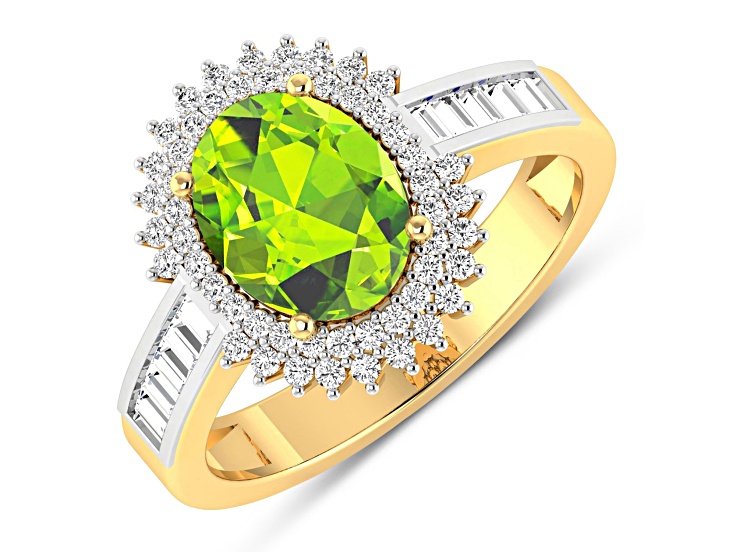 14K Yellow Gold Green Peridot and White Diamond Oval Halo Ring 2.12ctw