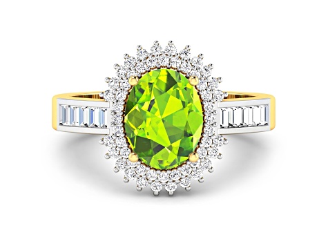 14K Yellow Gold Green Peridot and White Diamond Oval Halo Ring 2.12ctw