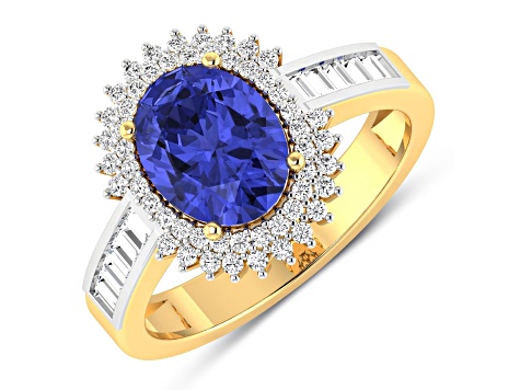 14K Yellow Gold Violet Tanzanite and White Diamond Oval Halo Ring 1.93ctw