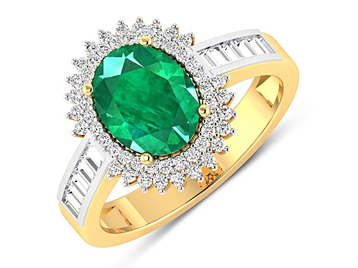 14K Yellow Gold Green Emerald and White Diamond Oval Halo Ring 2.05ctw