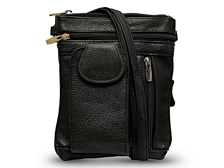 Black Leather Crossbody Bag with Accessible Pocket