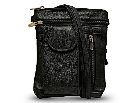 Black Leather Crossbody Bag with Accessible Pocket