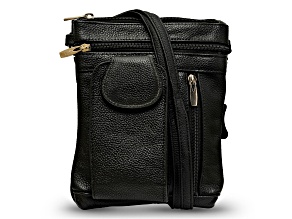Black Leather Crossbody Bag with Accessible Pocket