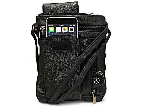 Black Leather Crossbody Bag with Accessible Pocket