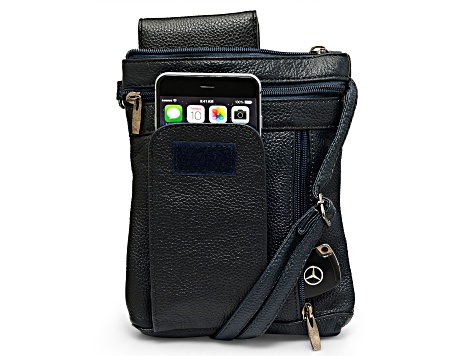Navy Leather Crossbody Bag with Accessible Pocket