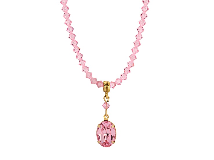 Yellow Base Metal Pink Bead Oval Crystal Necklace 16"