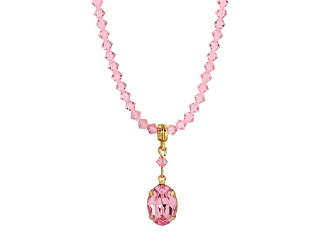 Yellow Base Metal Pink Bead Oval Crystal Necklace 16"