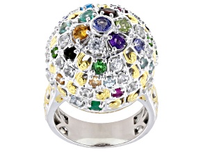 Multi Gemstone Rhodium & 24K Yellow Gold Over Palladium Sterling Silver Spinner Ring 3.43ctw