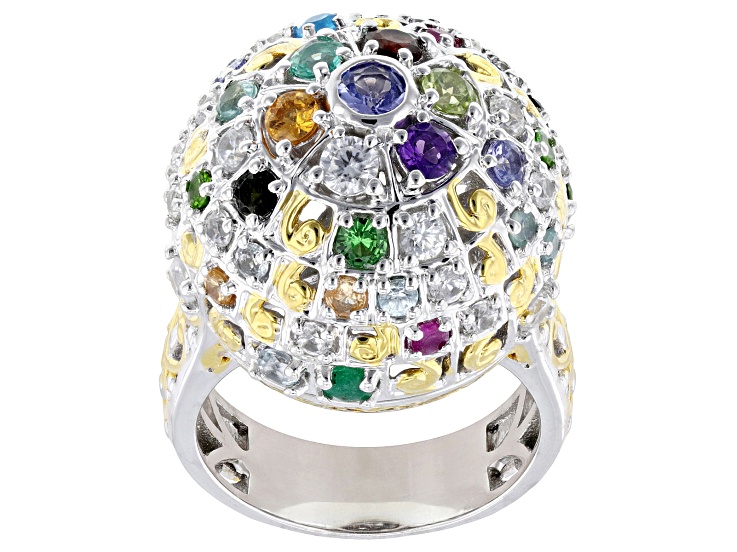 Multi Gemstone Rhodium & 24K Yellow Gold Over Palladium Sterling Silver Spinner Ring 3.43ctw