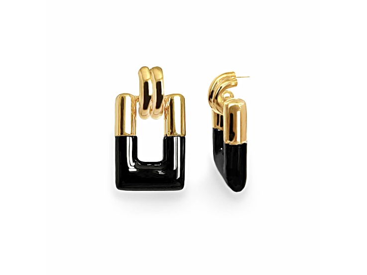14K Gold Over Brass Black Rectangle Door Knocker Earrings