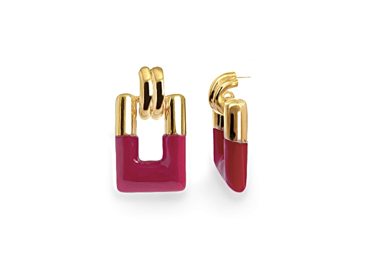 14K Gold Over Brass Pink Flamingo Rectangle Door Knocker Earrings