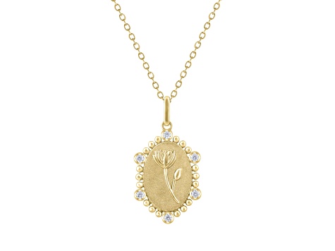 Diamond 18K Yellow Gold Over Sterling Silver Birth Flower July Water Lilly Pendant with Chain 0.10ct