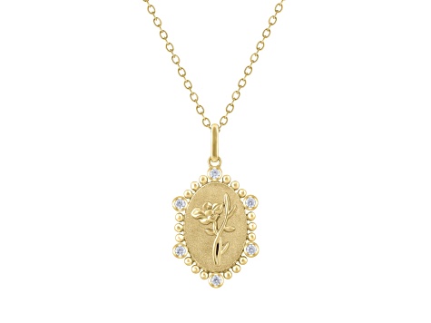 Diamond 18K Yellow Gold Over Sterling Silver Birth Flower August Poppy Pendant with Chain 0.10ct