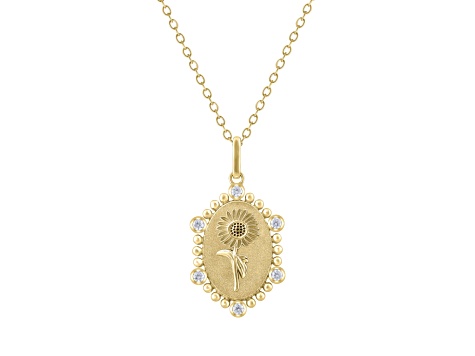 Diamond 18K Yellow Gold Over Sterling Silver Birth Flower September Sunflower Pendant w/Chain 0.10ct