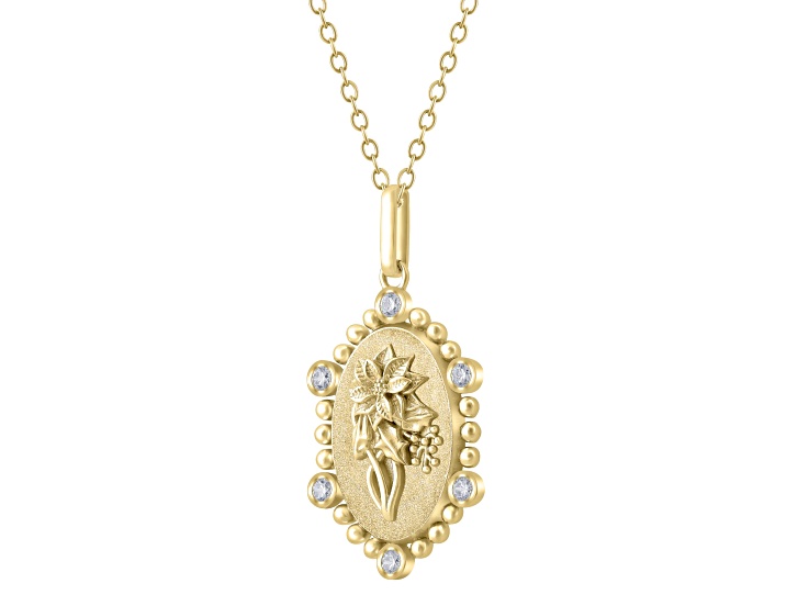 Diamond 18K Yellow Gold Over Sterling Silver Birth Flower December Holly Pendant with Chain 0.10ct