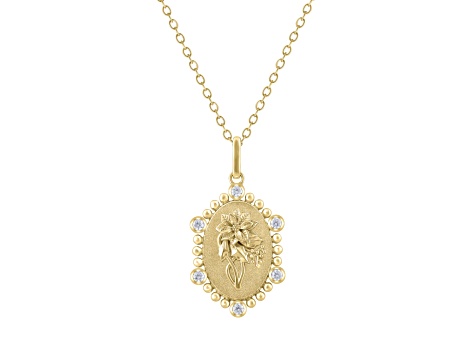 Diamond 18K Yellow Gold Over Sterling Silver Birth Flower December Holly Pendant with Chain 0.10ct