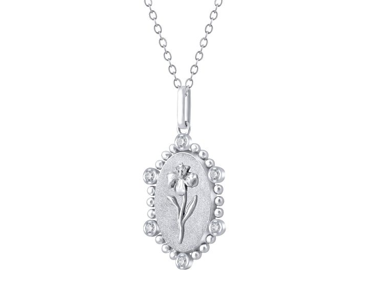 Diamond Sterling Silver Birth Flower February Iris Pendant with Chain 0.10ct