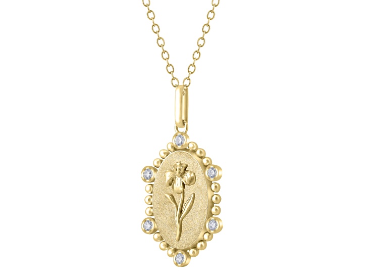 Diamond 18K Yellow Gold Over Sterling Silver Birth Flower February Iris Pendant with Chain 0.10ct