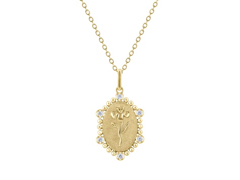Diamond 18K Yellow Gold Over Sterling Silver Birth Flower February Iris Pendant with Chain 0.10ct
