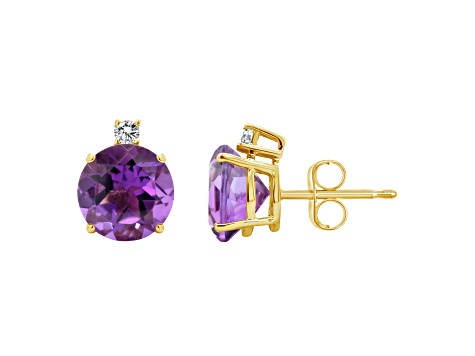 8mm Round Amethyst with Diamond Accents 14k Yellow Gold Stud Earrings